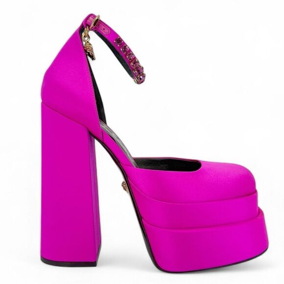 VERSACE Aevitas Fuchsia Crystal-Embellished Platform Block Heel Pumps Si… - Picture 13 of 17
